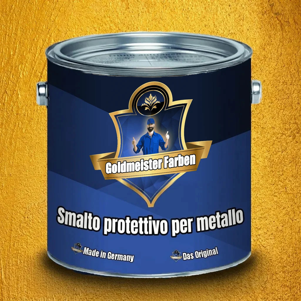 Lattina di vernice protettiva per metallo Goldmeister Farben con uomo che fa il pollice in su su sfondo dorato.