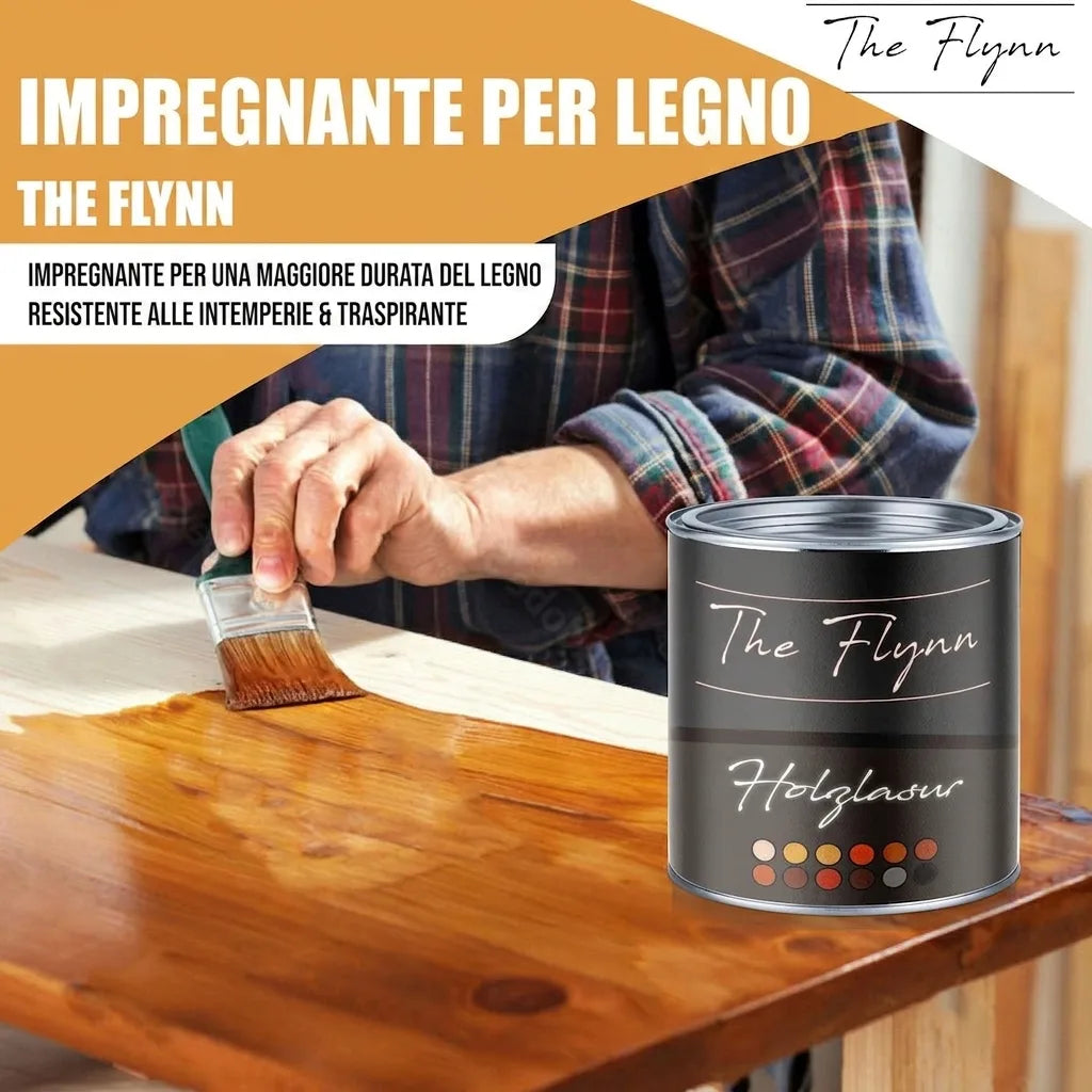 Applicazione di impregnante per legno The Flynn, resistente alle intemperie e traspirante. Lunga durata del legno, con campioni colore.