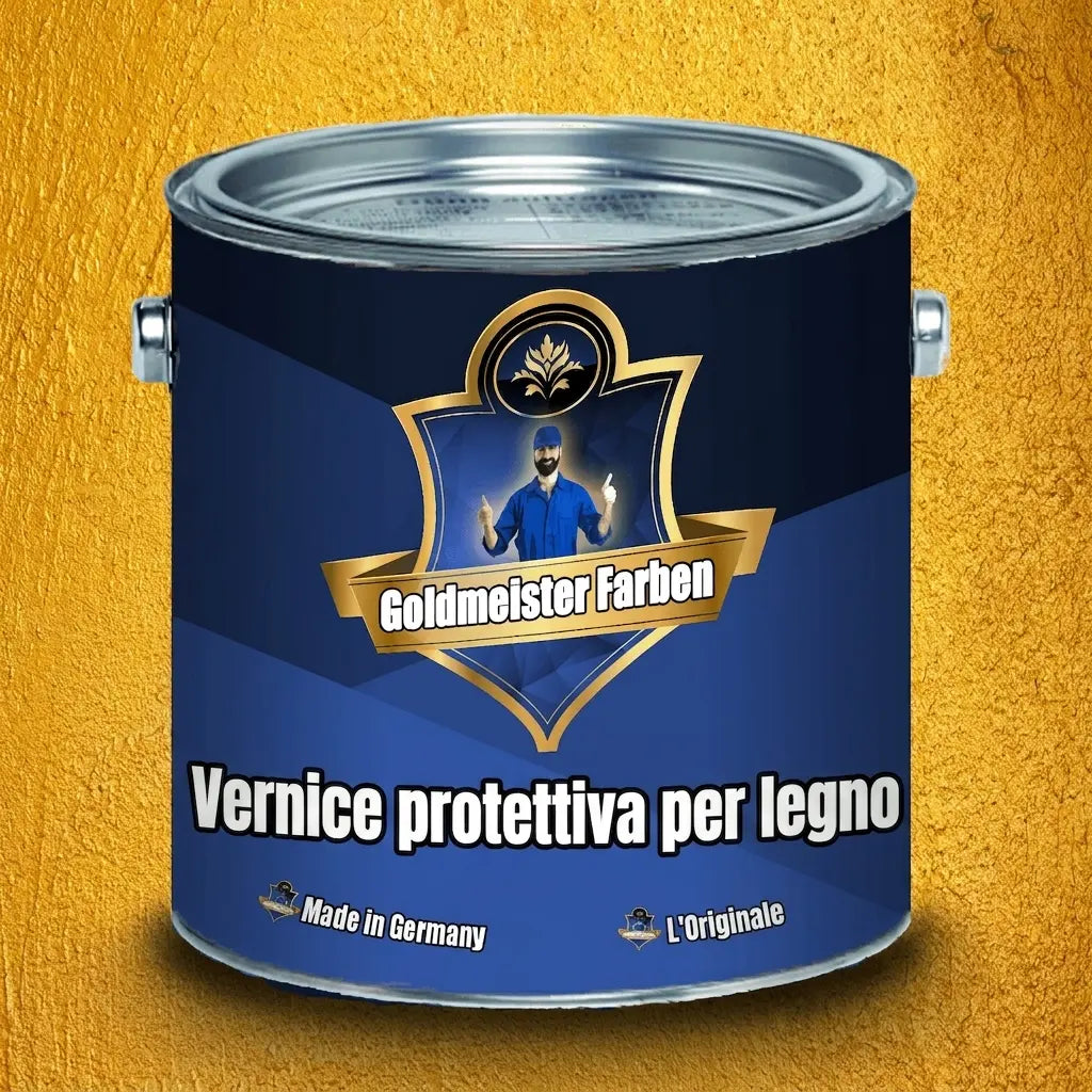 Barattolo blu di pittura protettiva per legno Goldmeister Farben con etichetta tedesca.