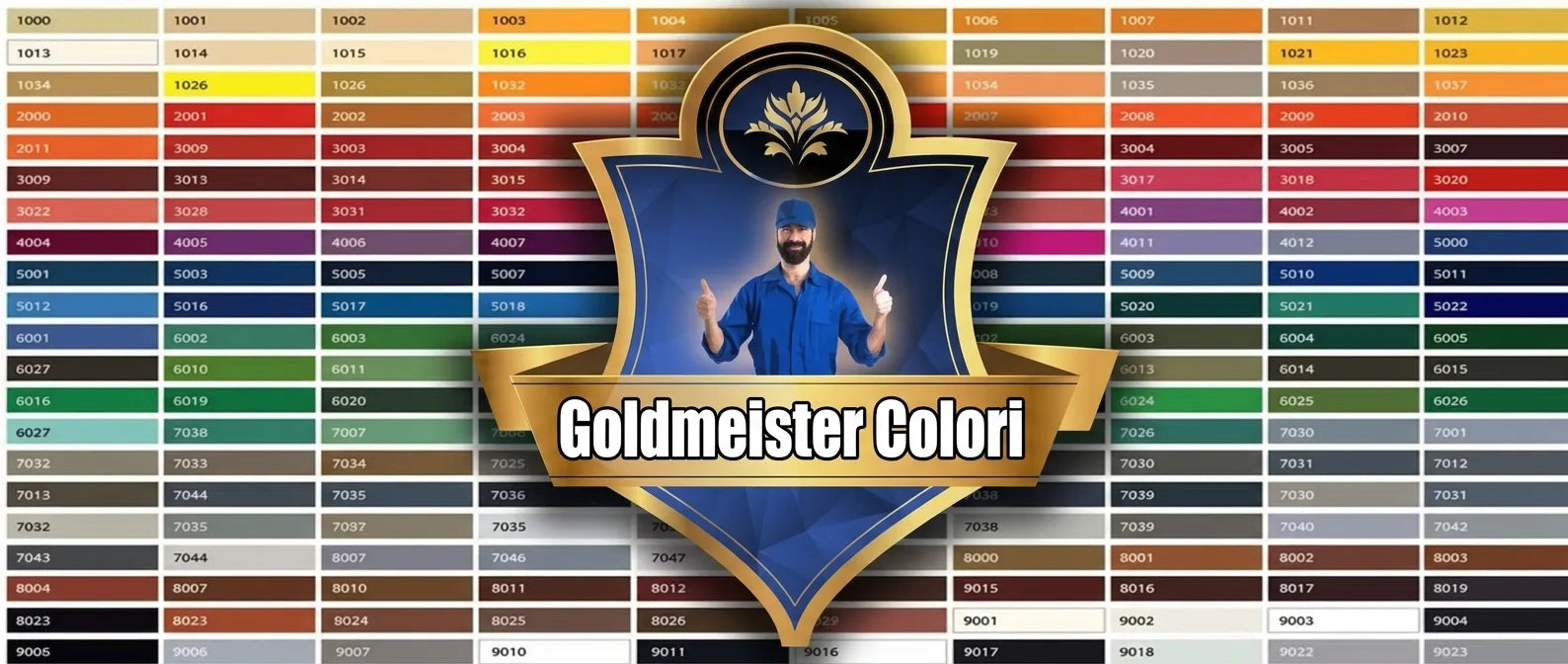 Cartella colori Goldmeister Farben con codici RAL e logo del marchio con un uomo che fa il pollice in su.