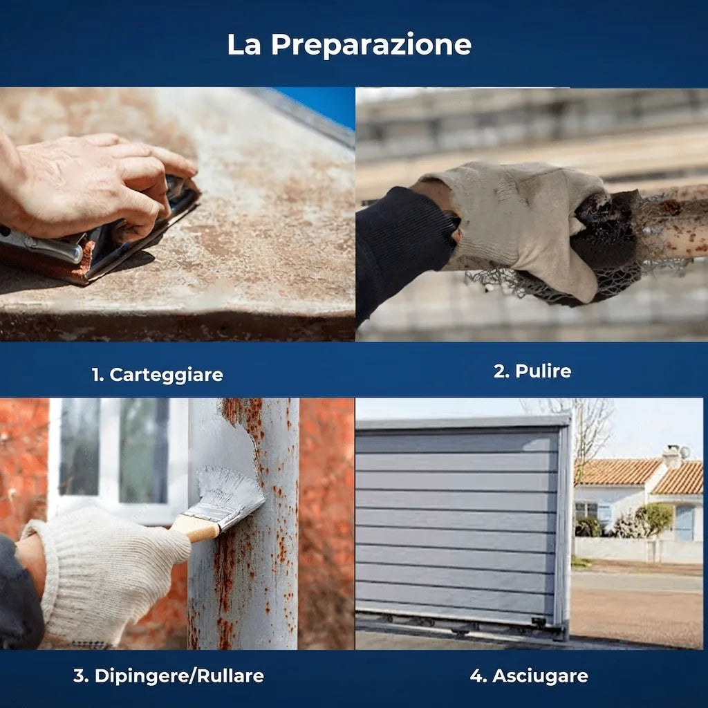 Immagine con quattro passaggi per la preparazione di una superficie: levigatura, pulizia, pittura e asciugatura.