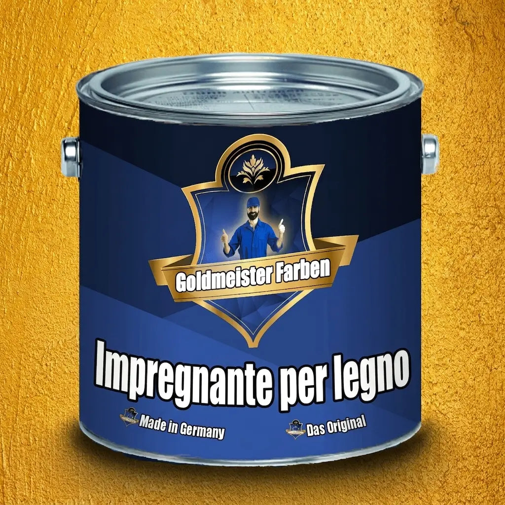 Barattolo blu di impregnante per legno Goldmeister Farben, Made in Germany, con uomo e logo Das Original.