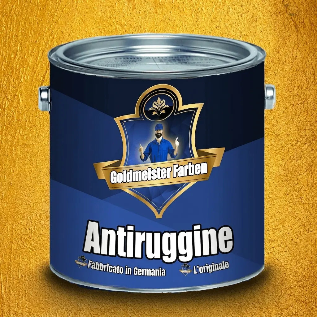 Barattolo di vernice blu Goldmeister Farben con etichetta dorata, un uomo che fa il pollice in su e la scritta 'Rostschutz' (protezione dall