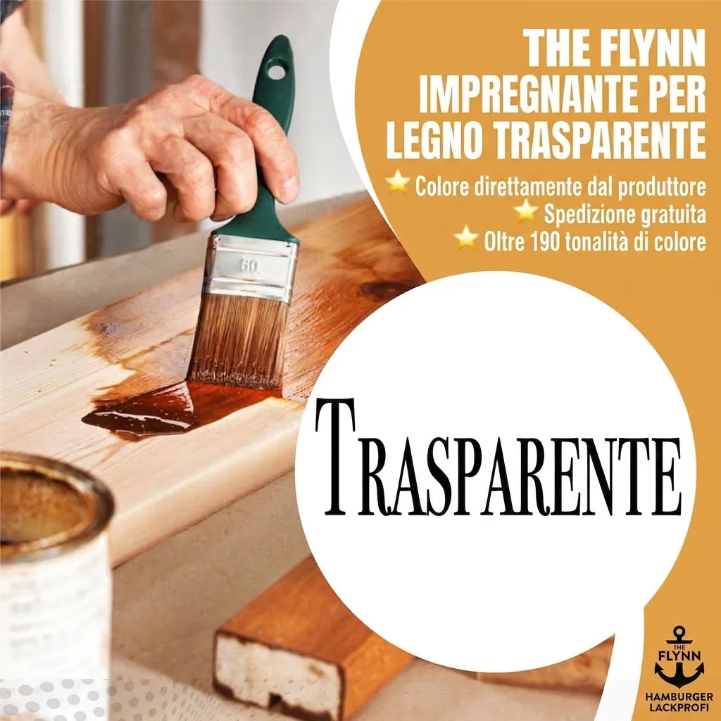 Mano applica tinta per legno Flynn trasparente su tavola di legno. Dettagli: spedizione gratis, oltre 190 tonalità.