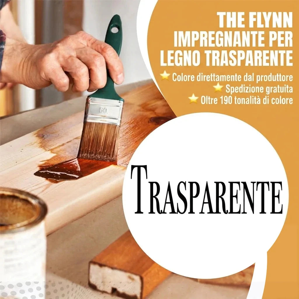 Mano applica tinta per legno Flynn trasparente su tavola di legno. Dettagli: spedizione gratis, oltre 190 tonalità.