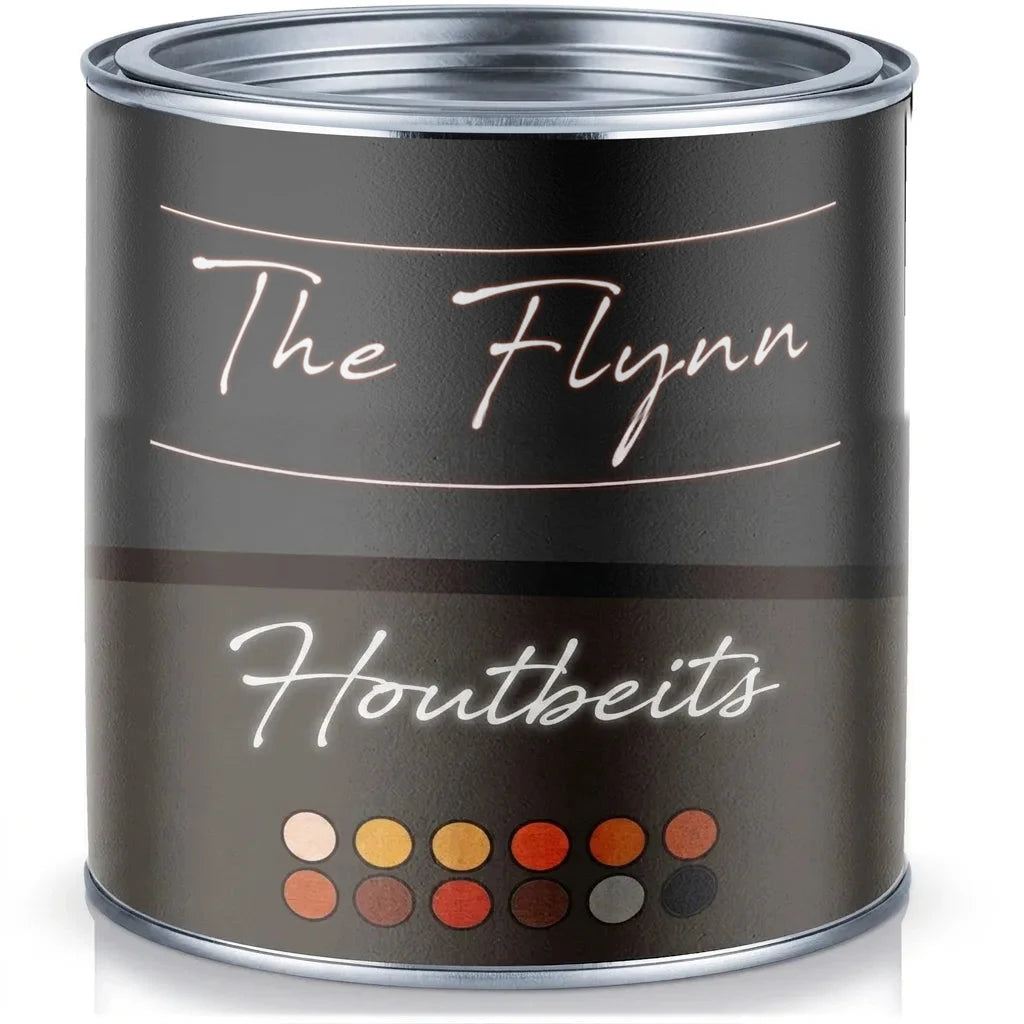 Verfblik 'The Flynn Holzglasur' met diverse kleurstalen, een product voor houtbehandeling.