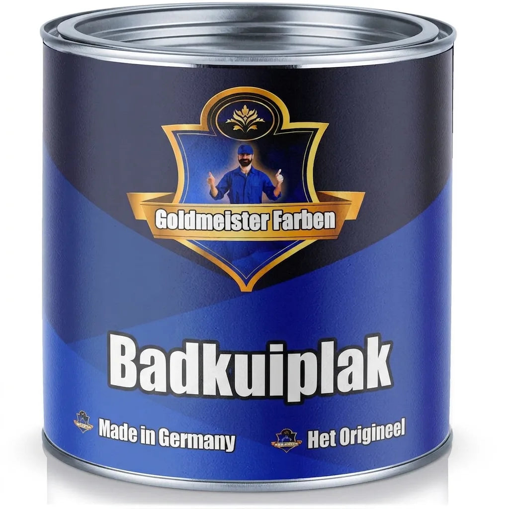 Goldmeister Farben badkuipverf in een blauw blik. Gemaakt in Duitsland, het origineel.
