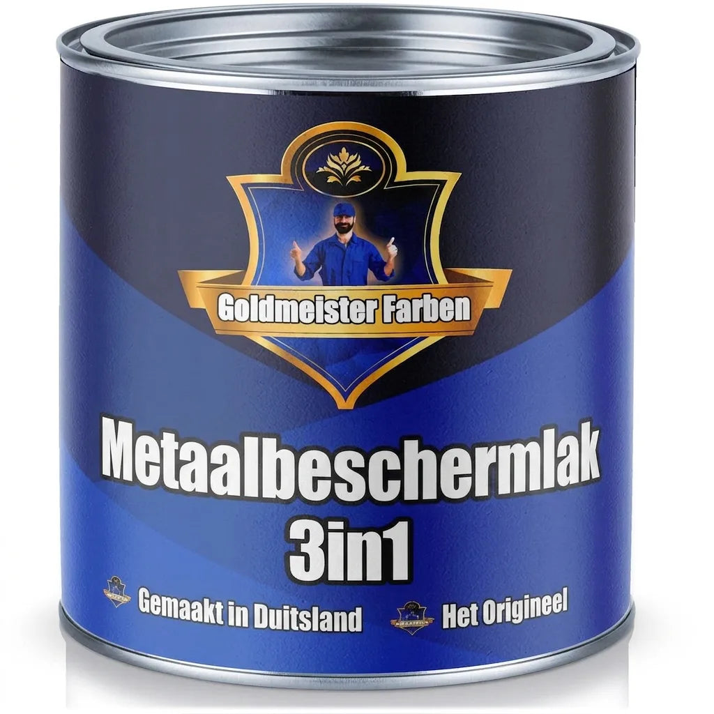 Blauwe Goldmeister Farben metaalbeschermingslak 3-in-1 blik, Made in Germany.