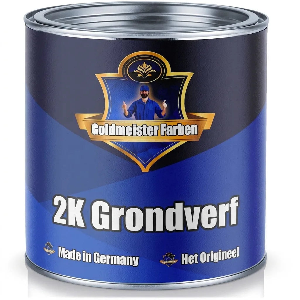 Blauw Goldmeister Farben verfblik met 2K grondverf en zilveren deksel, Made in Germany.