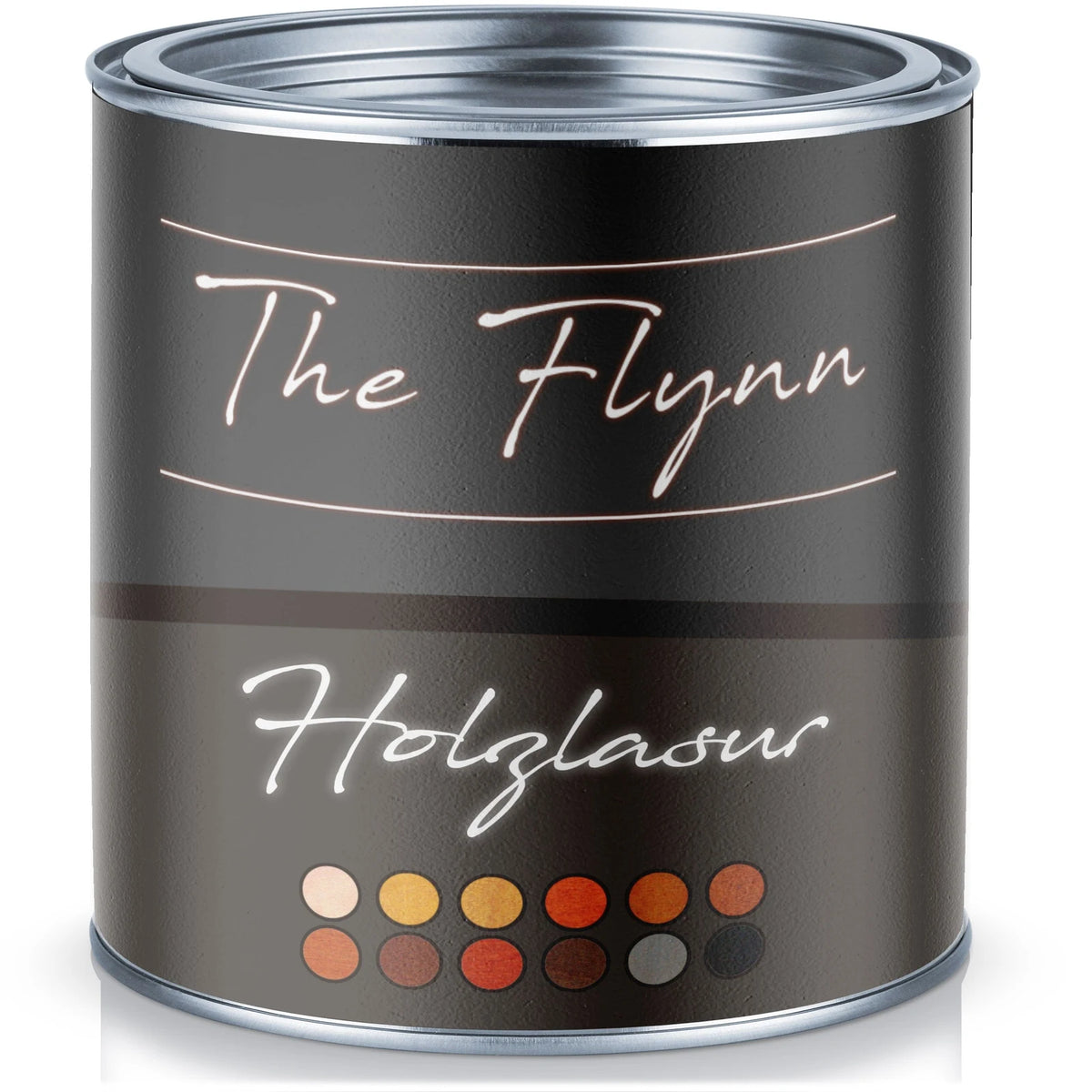 Verfblik 'The Flynn Holzglasur' met diverse kleurstalen, een product voor houtbehandeling.