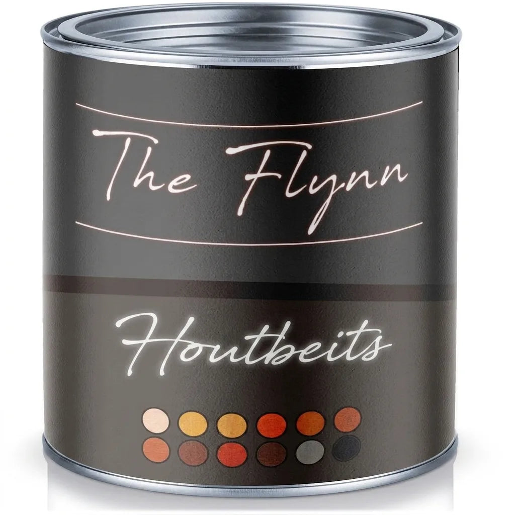 Verfblik 'The Flynn Holzglasur' met diverse kleurstalen, een product voor houtbehandeling.