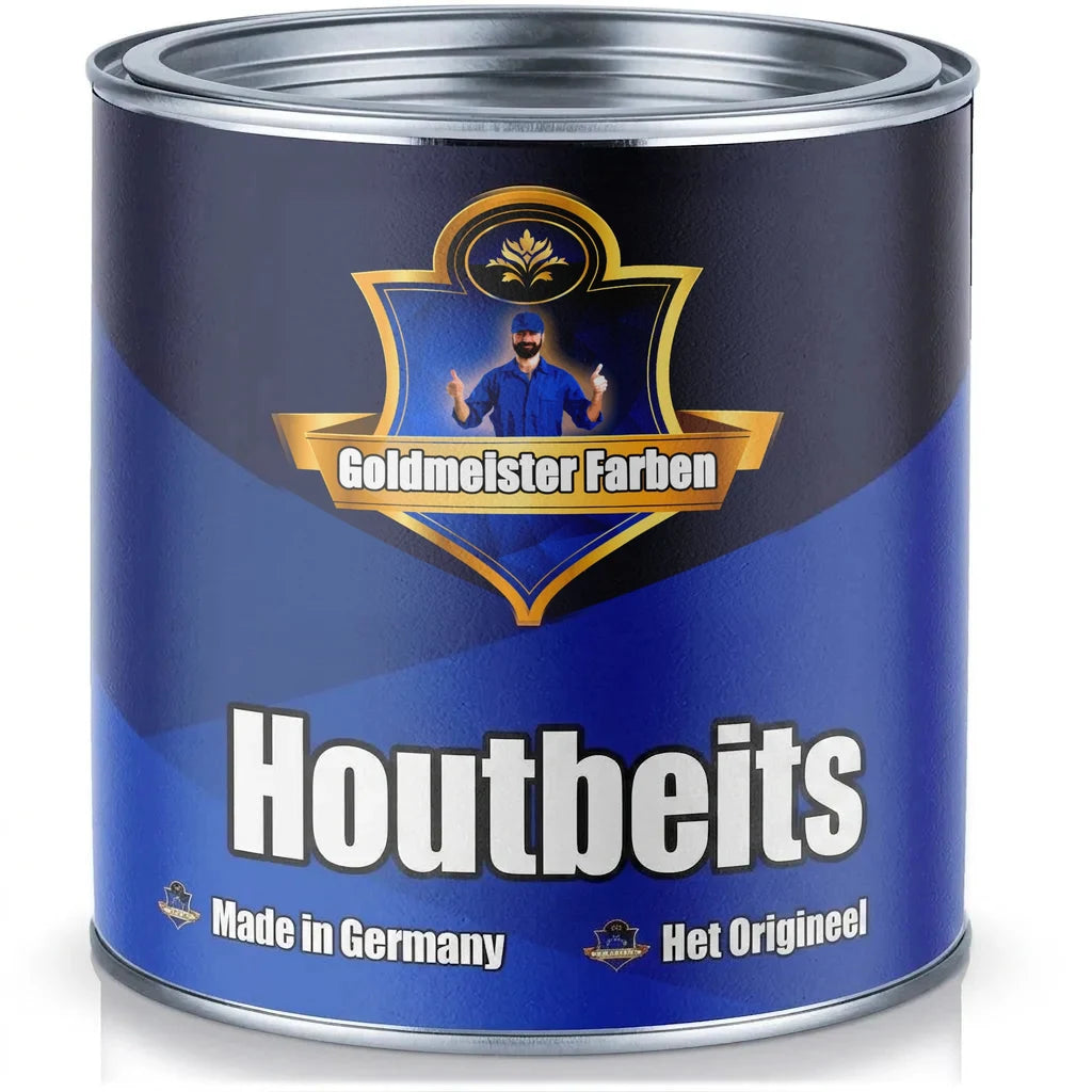 Goldmeister Farben houtbeits blik, blauw, met logo, 'Made in Germany' en 'Het Origineel' tekst.