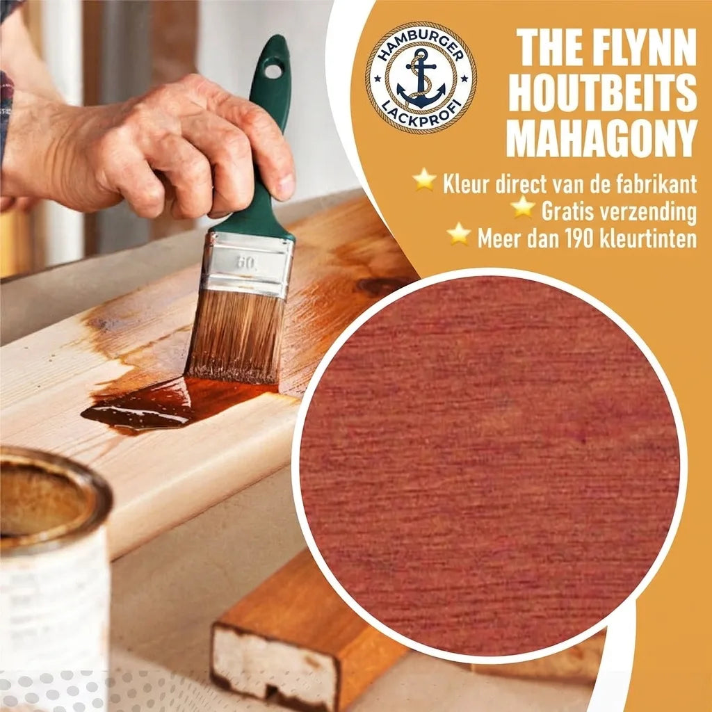 The Flynn Houtbeits Mahonie op hout, met penseel aangebracht. Direct van fabrikant, gratis verzending, 190+ kleuren.