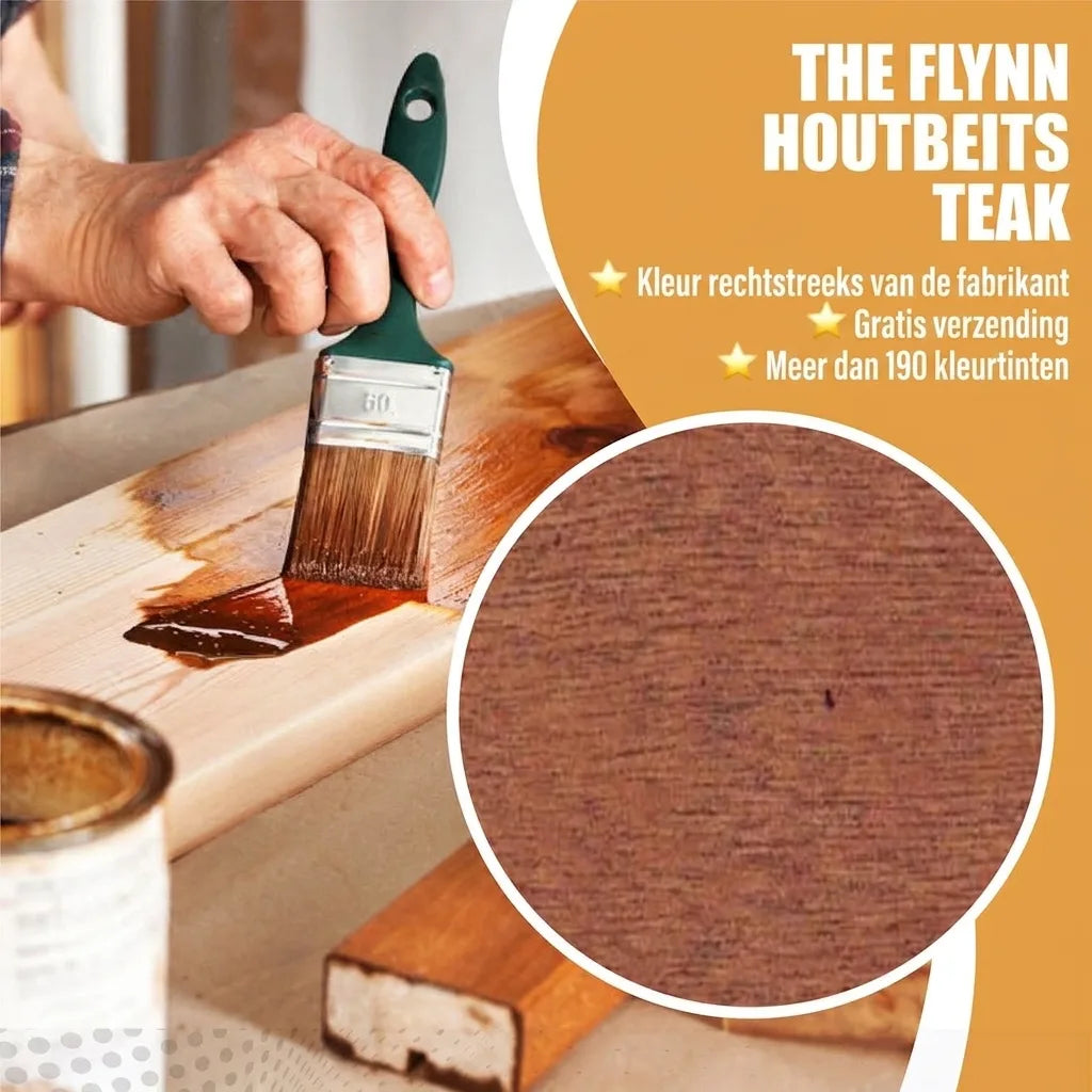 Man brengt Teak houtlasuur aan met kwast. Reclame voor The Flynn houtbeits: gratis verzending, 190+ kleuren.