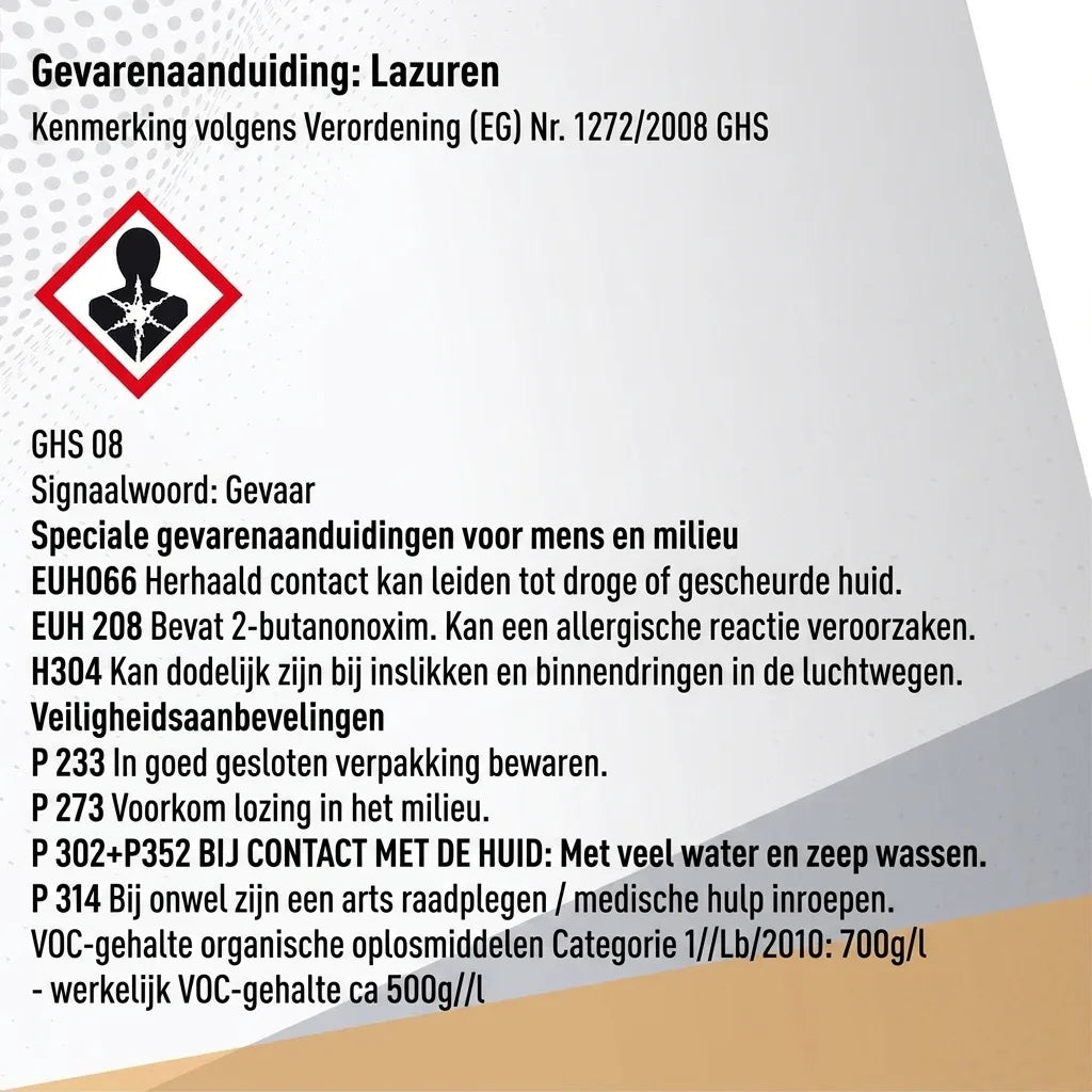 GHS-etiket voor lasuur met veiligheidsinformatie, gevarenpictogram en aanwijzingen.