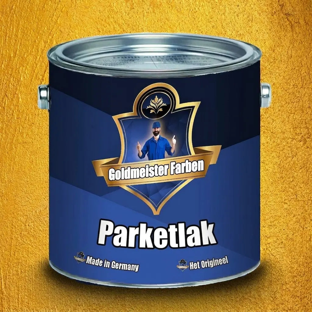 Blauwe verfbus van Goldmeister Farben met Parkettlack, toont een lachende schilder met duimen omhoog.