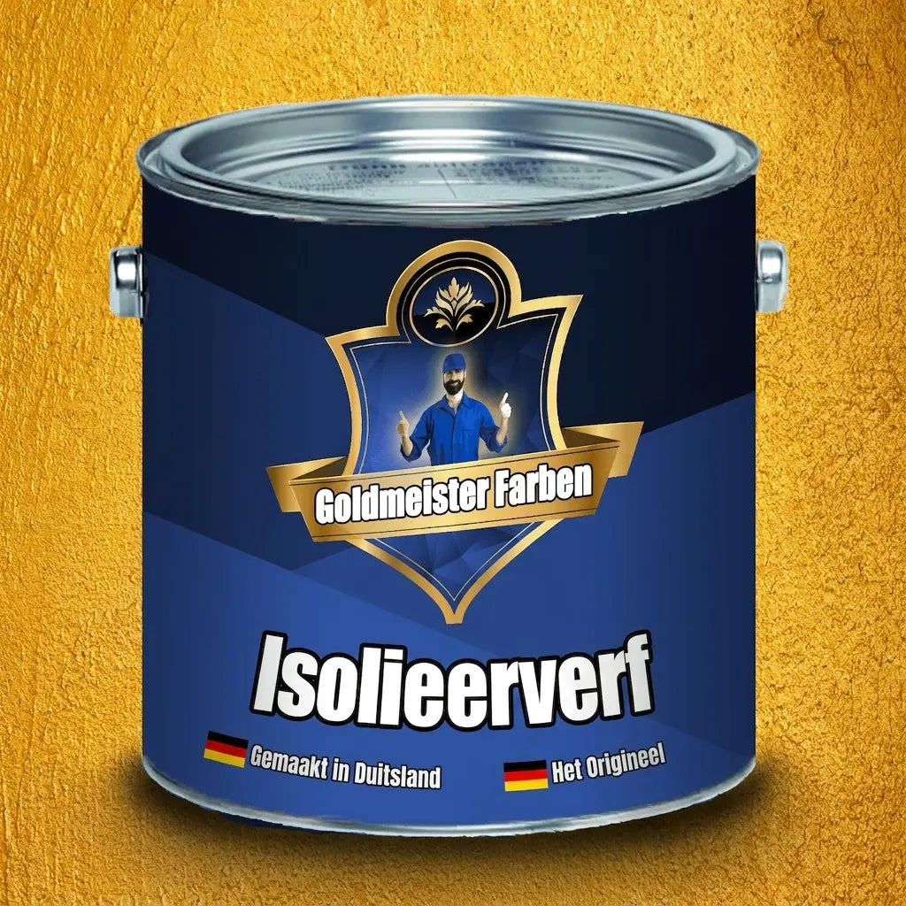 Blauw verfblik van Goldmeister Farben met isolerende verf, een man met duimen omhoog en de tekst 'Das Original'.