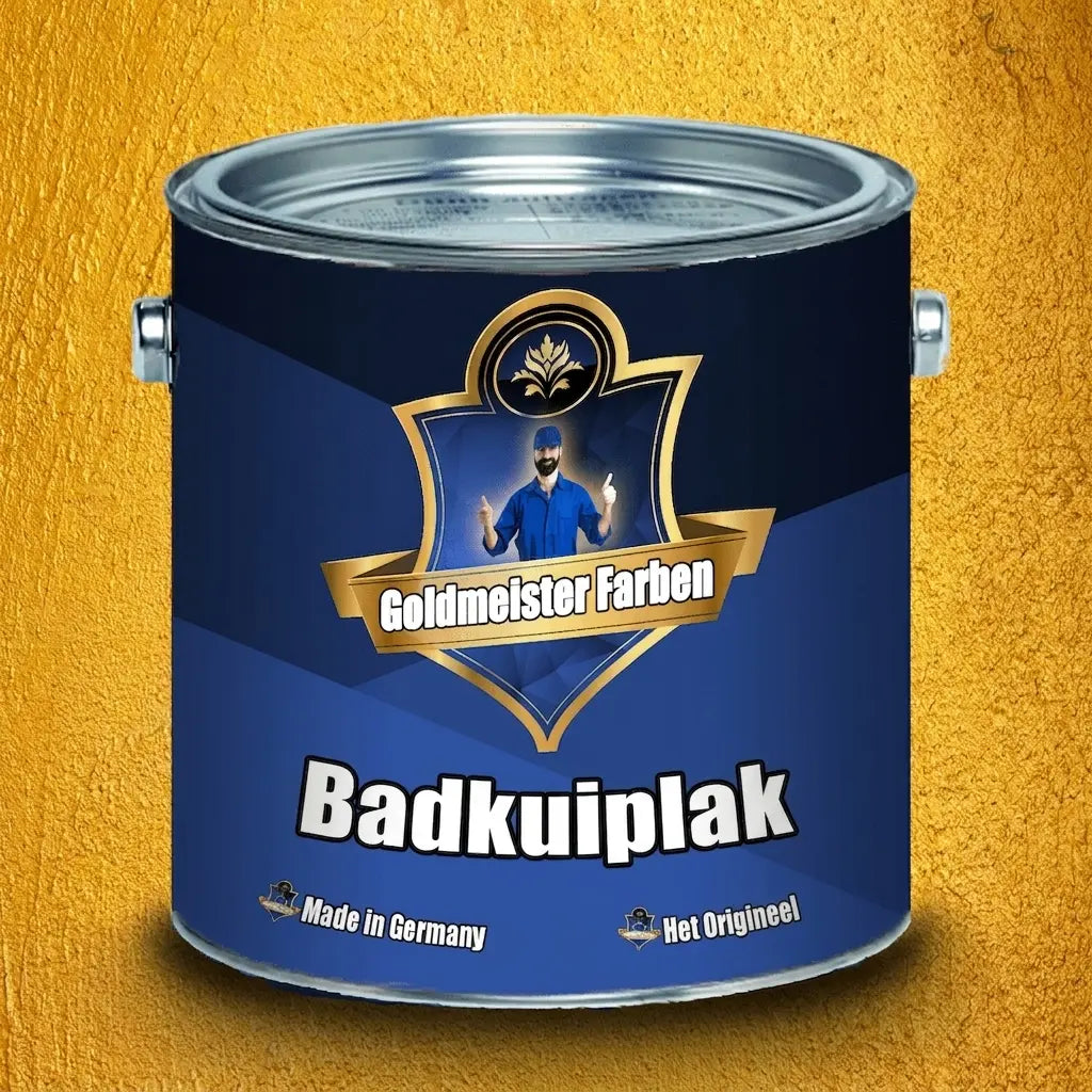 Blauwe verfbus Goldmeister Farben Badewannenlack. Toont een man met duimen omhoog, Made in Germany, Das Original.