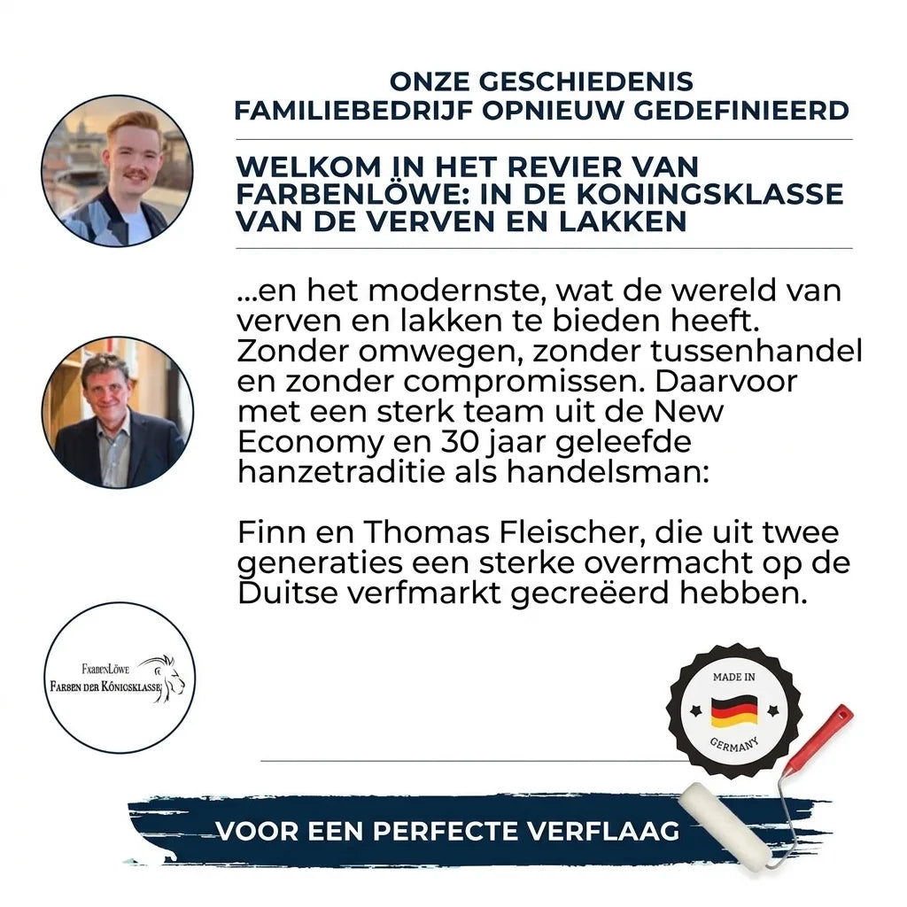Twee mannen, bedrijfsgeschiedenis van FarbenLöwe, slogan 'Voor een perfecte verflaag' en 'Made in Germany'.