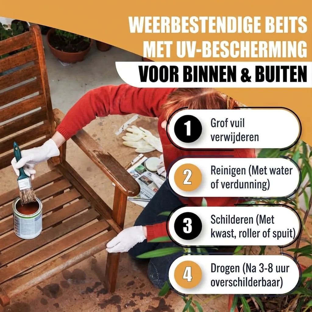 Vrouw beits houten stoel met weerbestendige lasuur met UV-bescherming voor binnen & buiten. Stappen: reinigen, aanbrengen.