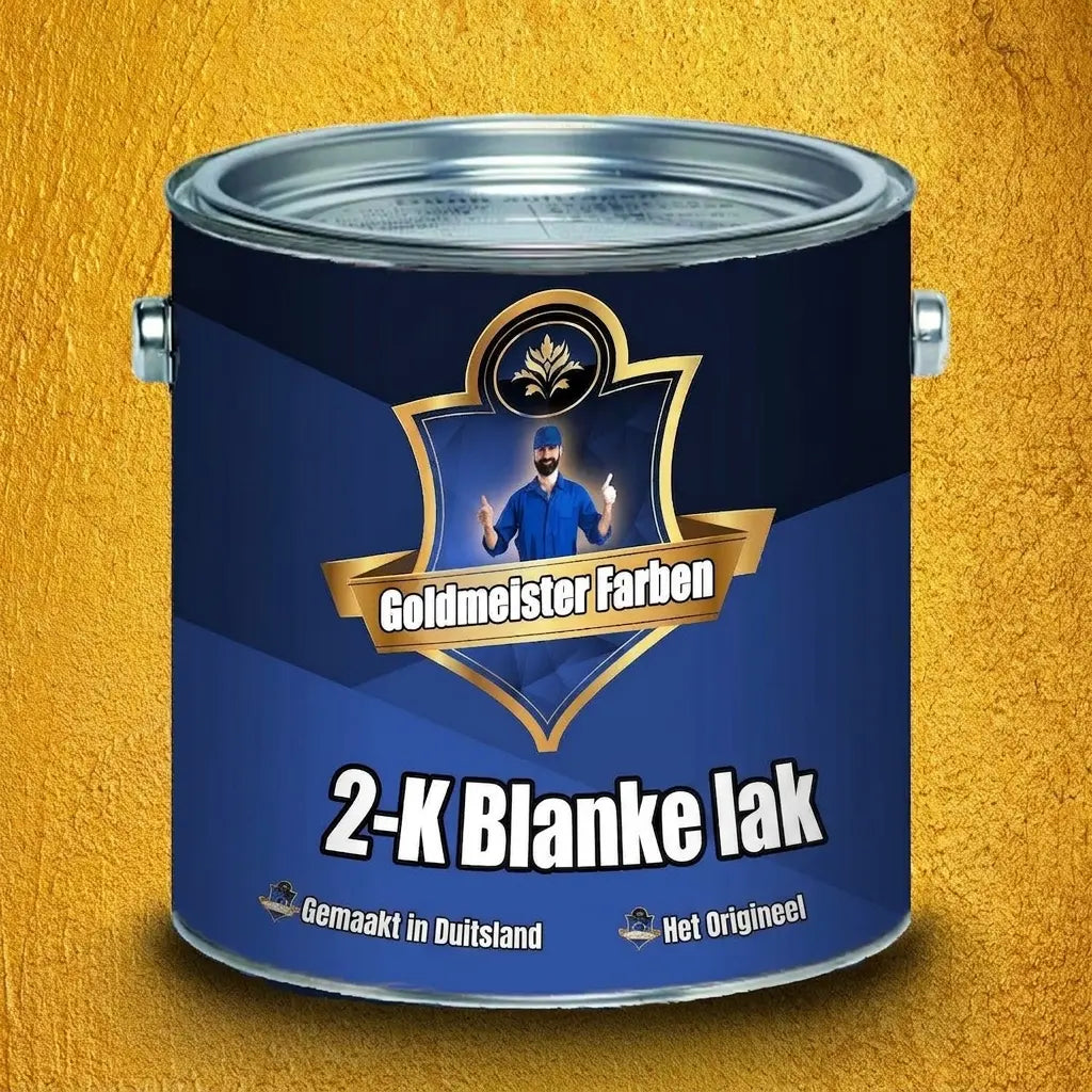 Donkerblauw verfblik van Goldmeister Farben met etiket '2-K Klarlack' (2-componenten blanke lak).