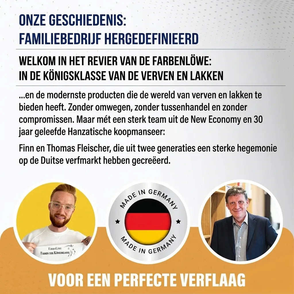 Duitse reclametekst van Farbenlöwe over het familiebedrijf dat de verf- en lakindustrie herdefinieert, met foto's van oprichters Finn en Tho