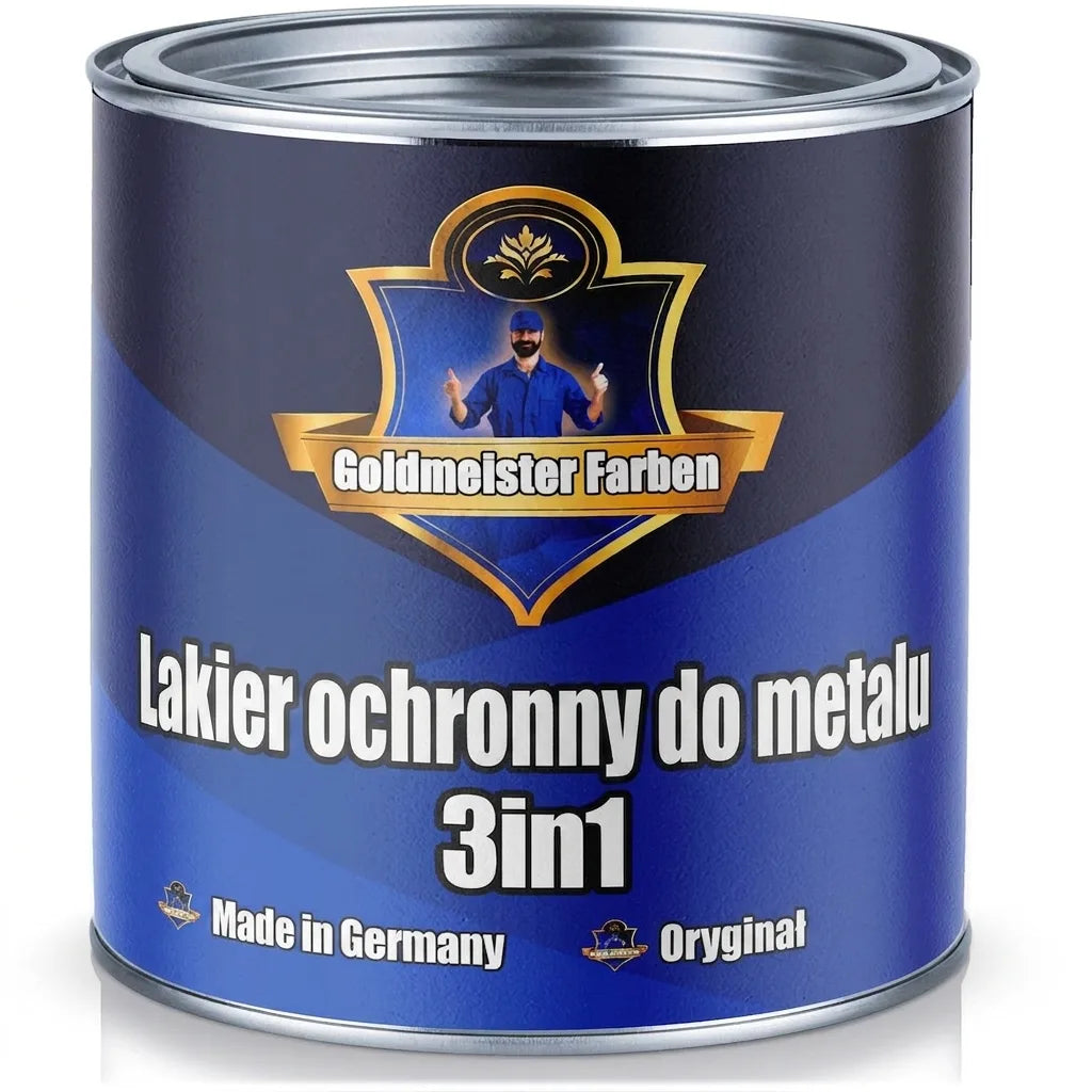 Lakier Goldmeister Farben Metallschutzlack 3w1 w niebieskiej puszce do metalu.
