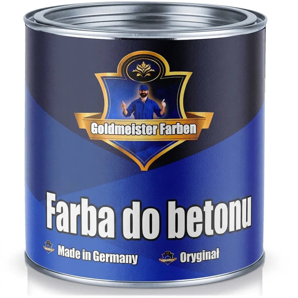 Niebieska puszka farby do betonu Goldmeister Farben z napisami 'Made in Germany' i 'Das Original'.
