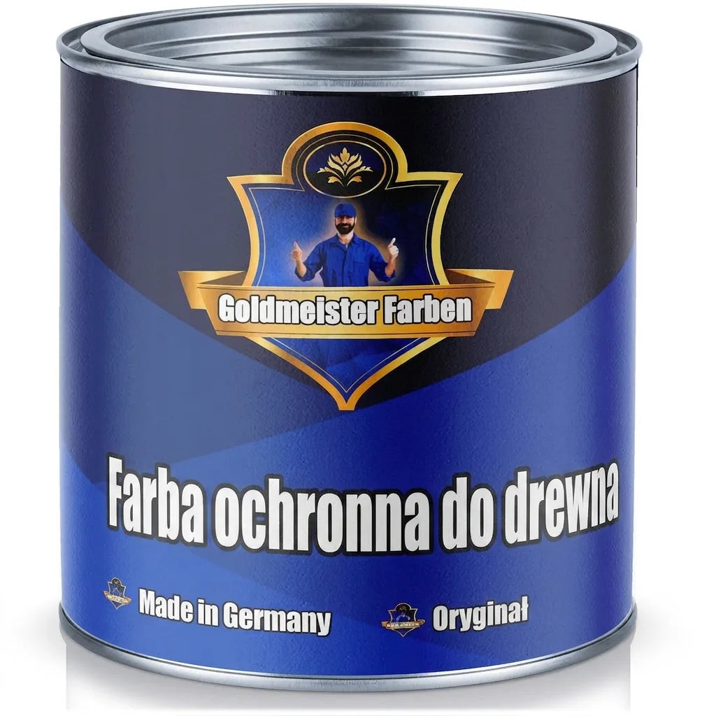 Puszka farby Goldmeister Farben do ochrony drewna. Wyprodukowano w Niemczech, to oryginalny produkt.