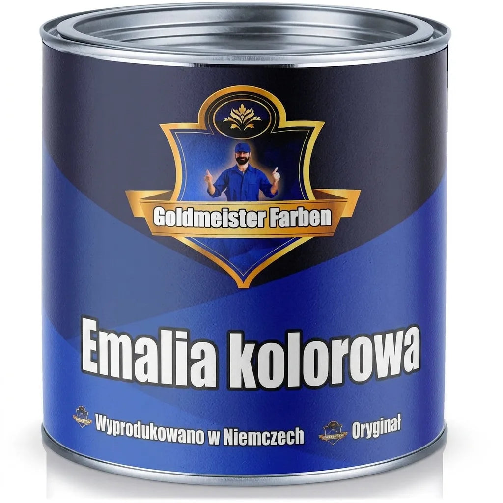 Niebieska puszka farby Goldmeister Farben Buntlack z malarzem i napisami „Made in Germany”, „Das Original”.