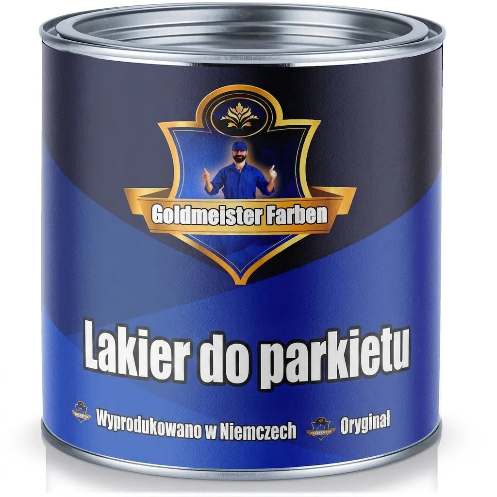 Niebieska puszka Goldmeister Farben z lakierem do parkietu (Parkettlack), wyprodukowana w Niemczech. Oryginał.