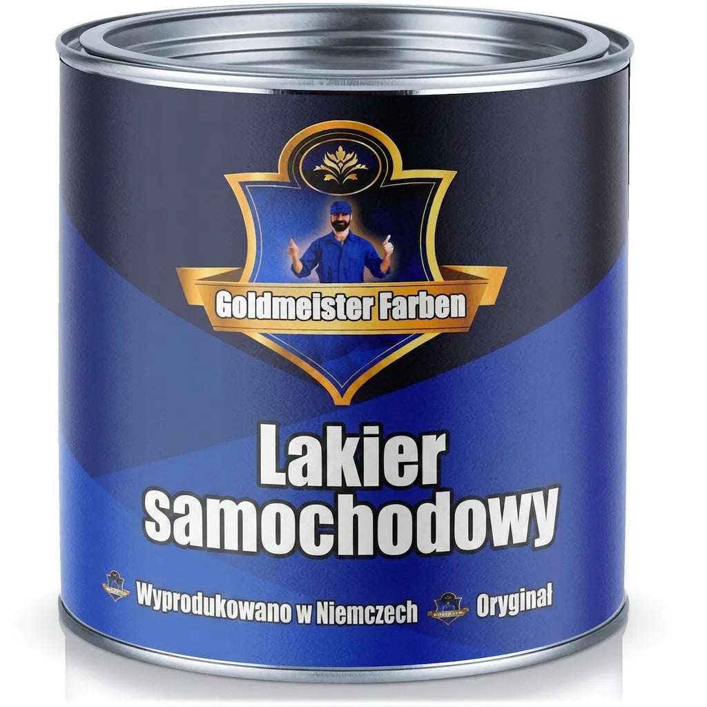 Niebieski lakier samochodowy Goldmeister Farben Autolack. Etykieta "Made in Germany Das Original".
