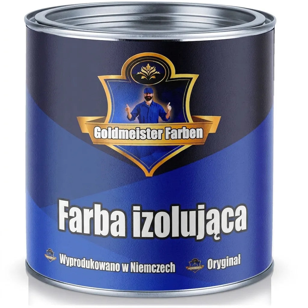 Niebieska puszka farby Goldmeister Farben Isolierfarbe z etykietą, mężczyzną dającym kciuki w górę, napisem Made in Germany.