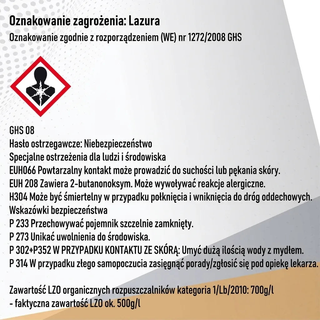Etykieta produktu z niemieckimi ostrzeżeniami GHS dla lazury: zagrożenia, instrukcje bezpieczeństwa, zawartość VOC.