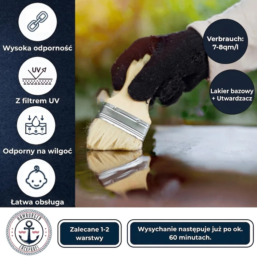 Wydajna farba/lakier z filtrem UV, odporna na wilgoć, szybkoschnąca. Łatwa aplikacja, 1-2 warstwy.