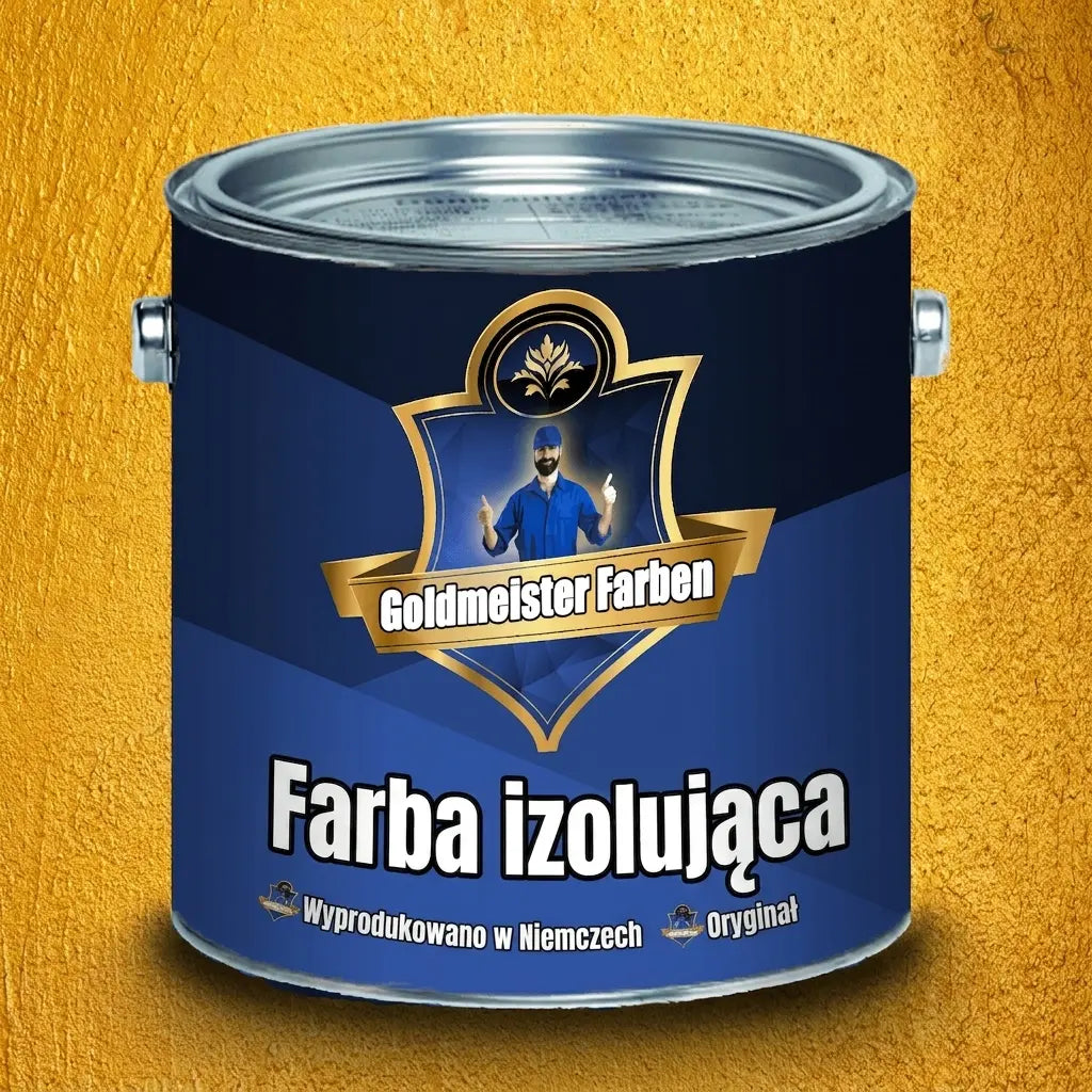 Ciemnoniebieska puszka farby izolacyjnej Goldmeister Farben z napisem 'Made in Germany' na złotym tle.
