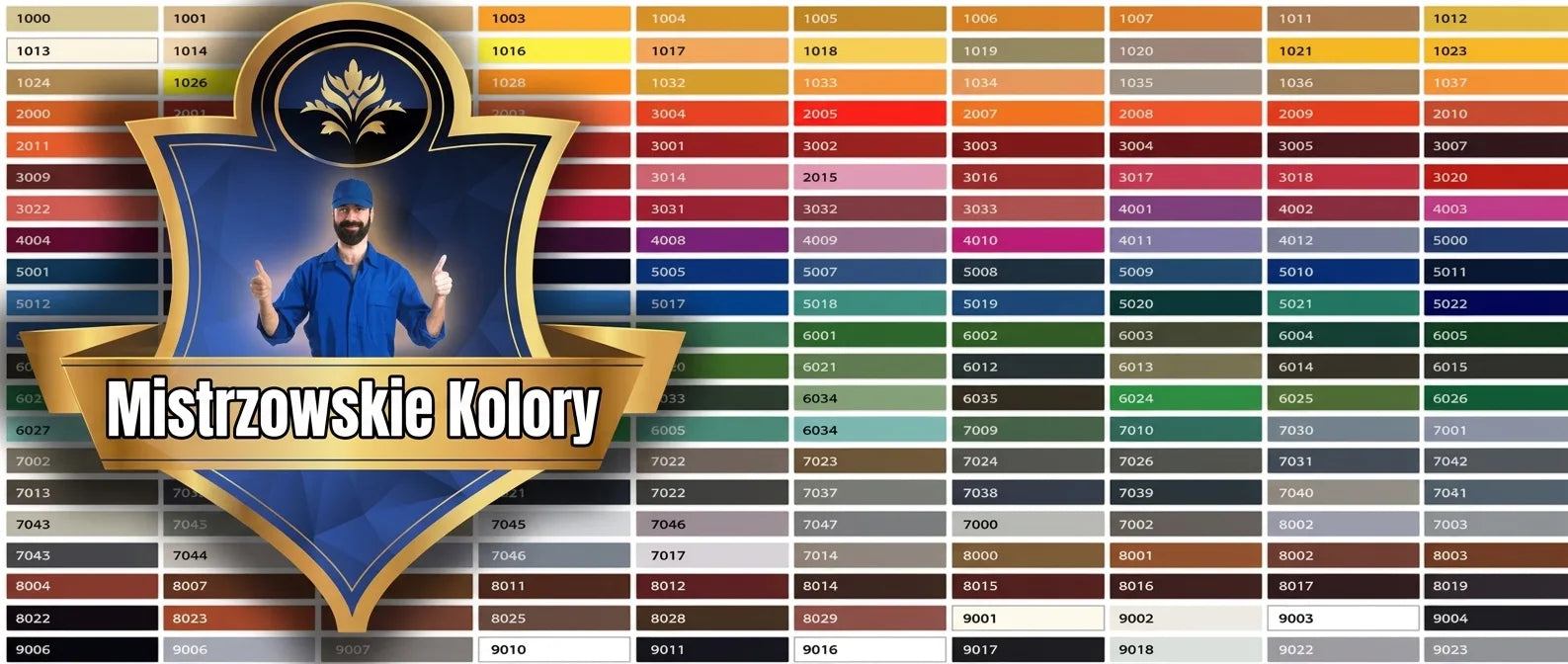 Paleta kolorów Goldmeister Farben z kodami RAL. Mężczyzna w niebieskim uniformie pokazuje kciuki w górę.
