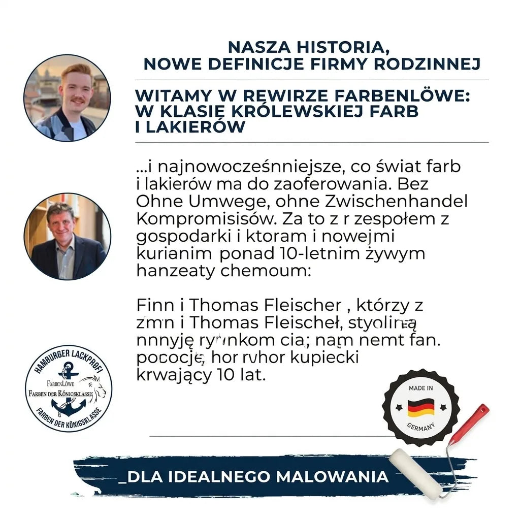 Grafika promocyjna FarbenLöwe: Finn i Thomas Fleischer, historia firmy, farby i lakiery Made in Germany.