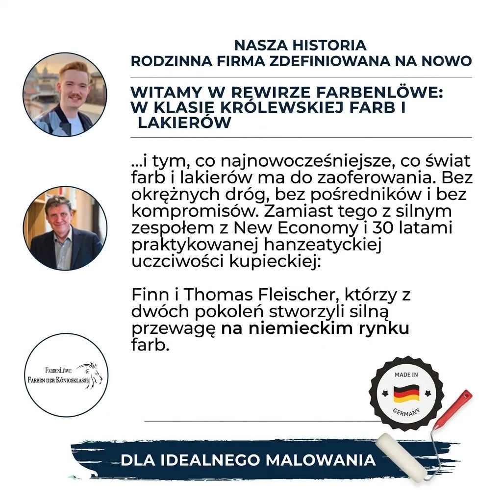 Historia niemieckiej firmy rodzinnej FarbenLöwe, ekspertów od farb i lakierów. Właściciele, logo i pieczęć Made in Germany.
