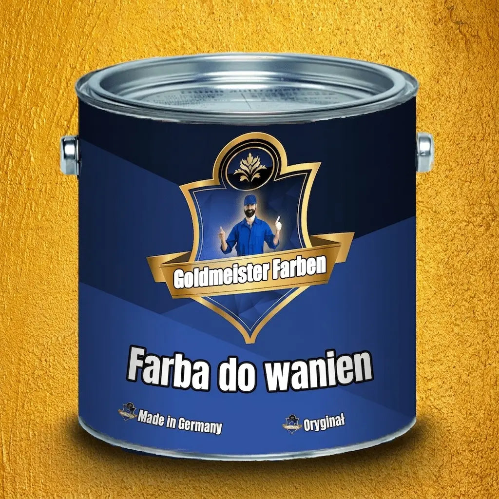 Puszka niebieskiej farby Goldmeister Farben Badewannenlack (lakier do wanien), z etykietą i logo.