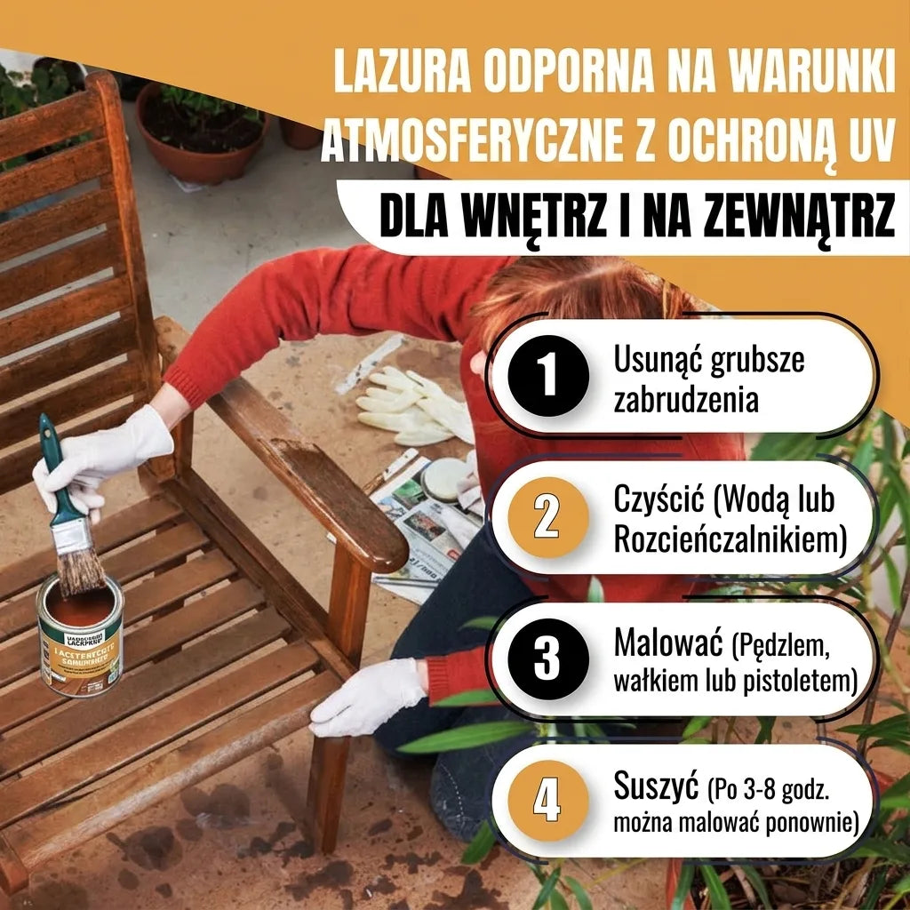 Kobieta maluje drewniane krzesło ogrodowe lazurą odporną na warunki atmosferyczne z ochroną UV. Instrukcja krok po kroku.