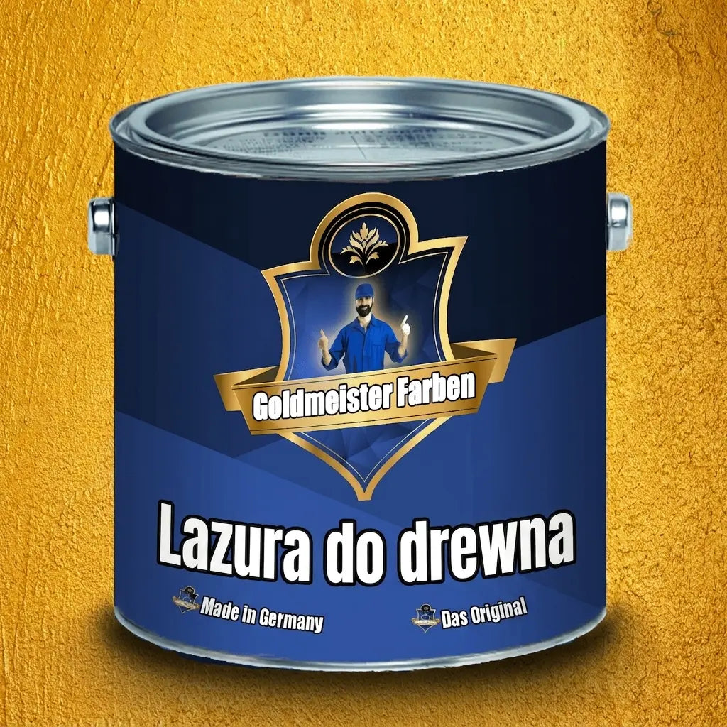 Niebieska puszka Goldmeister Farben z etykietą i napisem Holzlasur na złotym tle.