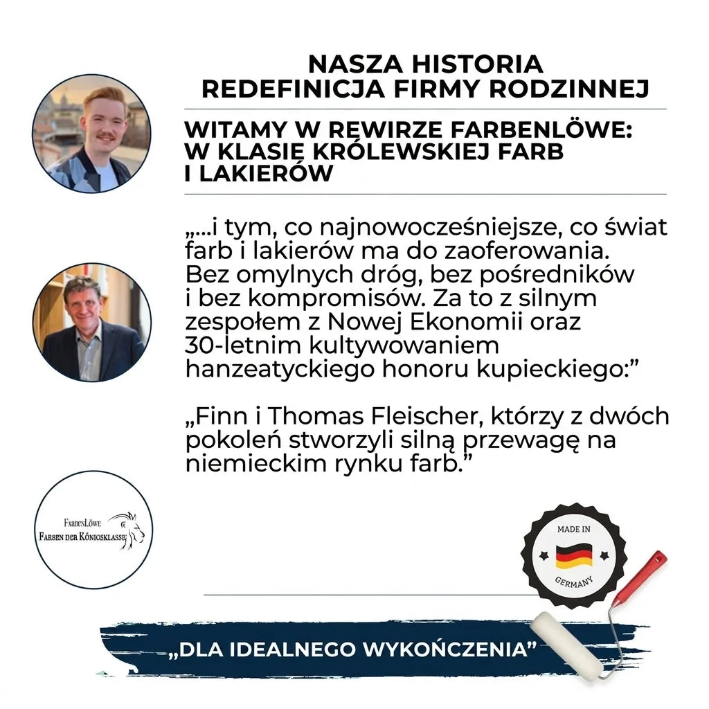 Niemiecka firma rodzinna Farbenlöwe. Właściciele, logo i tekst o farbach oraz lakierach.