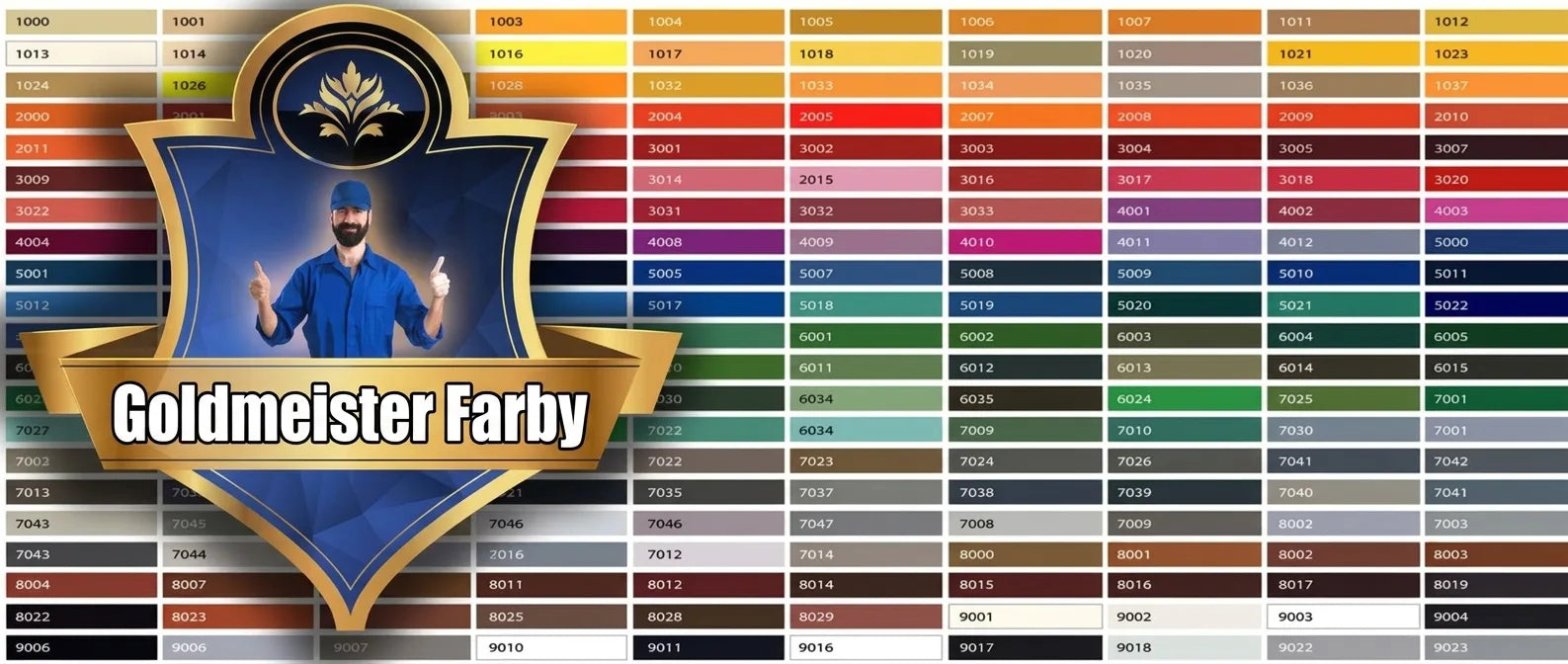 Paleta kolorów Goldmeister Farben z kodami RAL i uśmiechniętym mężczyzną w niebieskim uniformie, pokazującym kciuki w górę.
