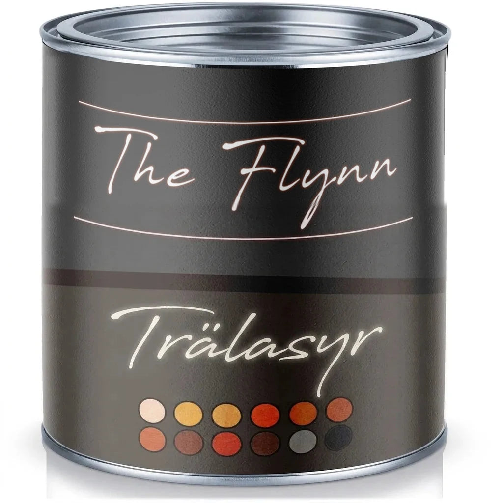 En burk 'The Flynn Holzglasur' (trälasyr) med en blank svart etikett och färgprover undertill.