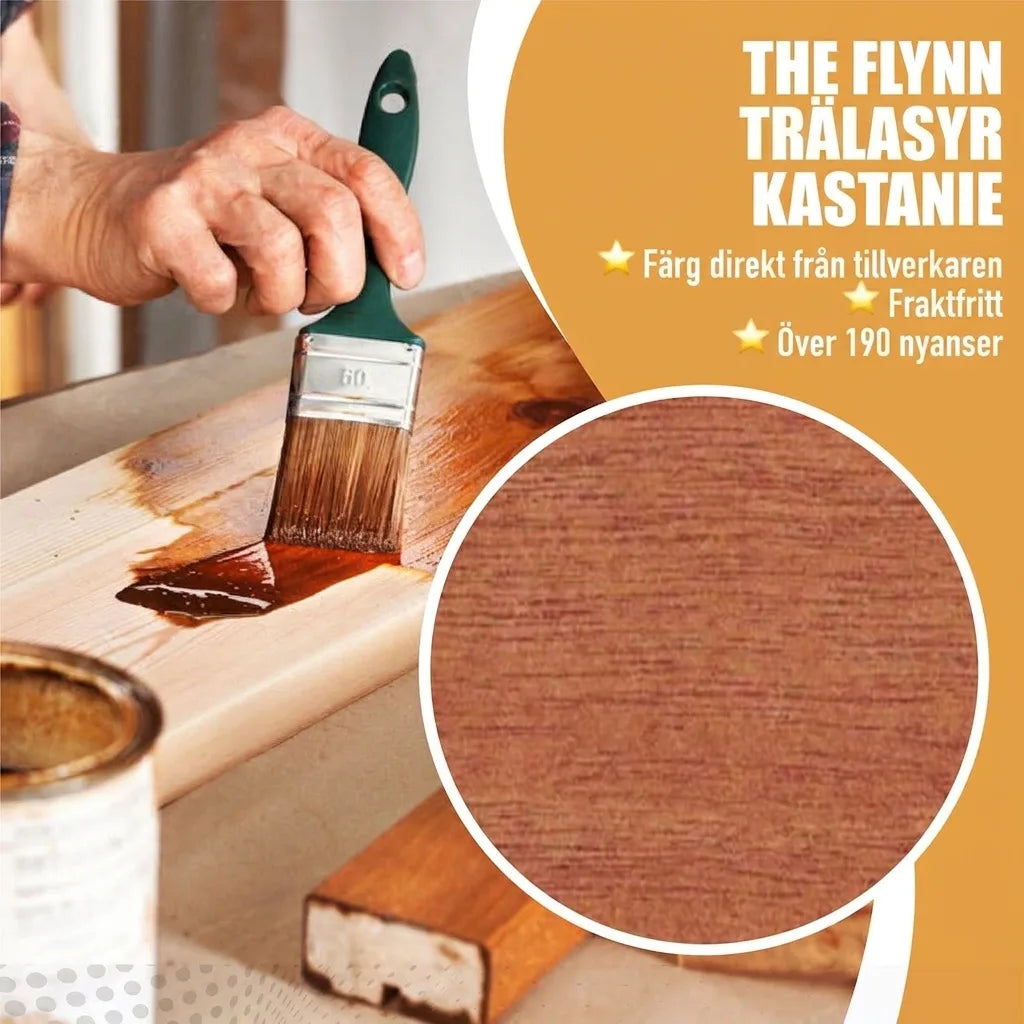 THE FLYNN trälasyr Kastanj. Appliceras på trä. Direkt från tillverkaren, fri frakt, över 190 färgnyanser.