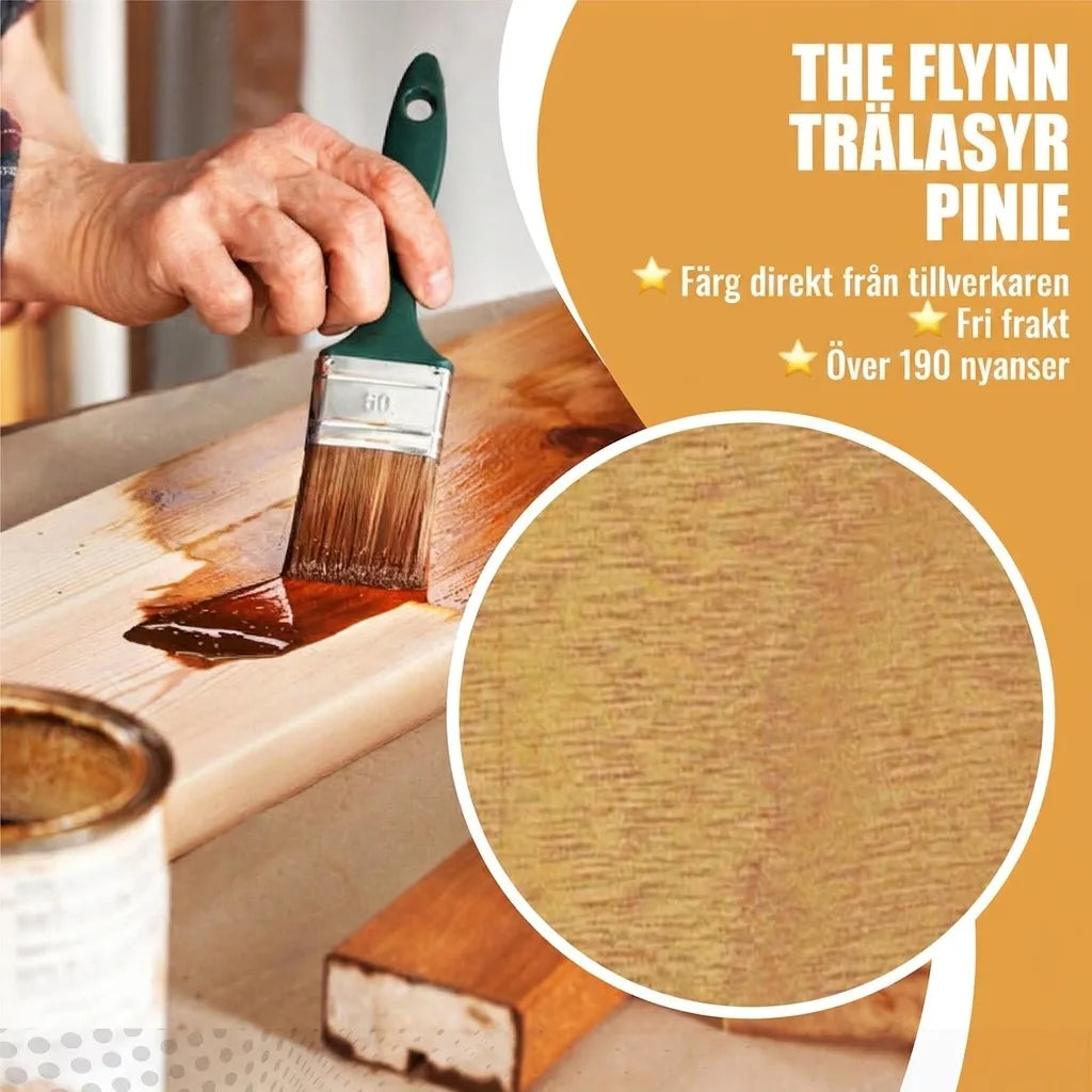 Person målar trä med Flynn trälasyr Furu, med text om direktköp, fri frakt och över 190 nyanser.