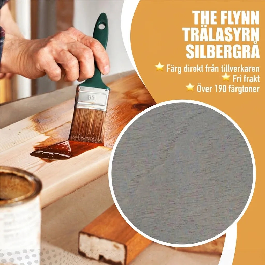 Person applicerar trälasyr, med prov på Flynn silvergrå trälasyr. Direkt från tillverkaren, fri frakt, över 190 färger.
