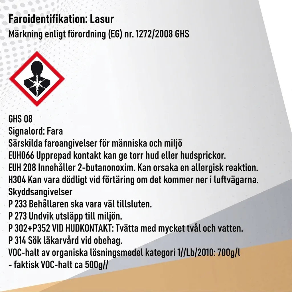 Etikett för lasyr med GHS-farosymbol (person på brinnande stjärna), faroangivelser och skyddsföreskrifter.