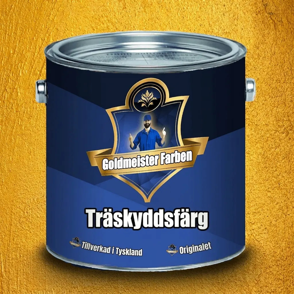 Blå färgburk med guldetikett, varumärket Goldmeister Farben och texten 'Holzschutzfarbe' (träskyddsfärg).